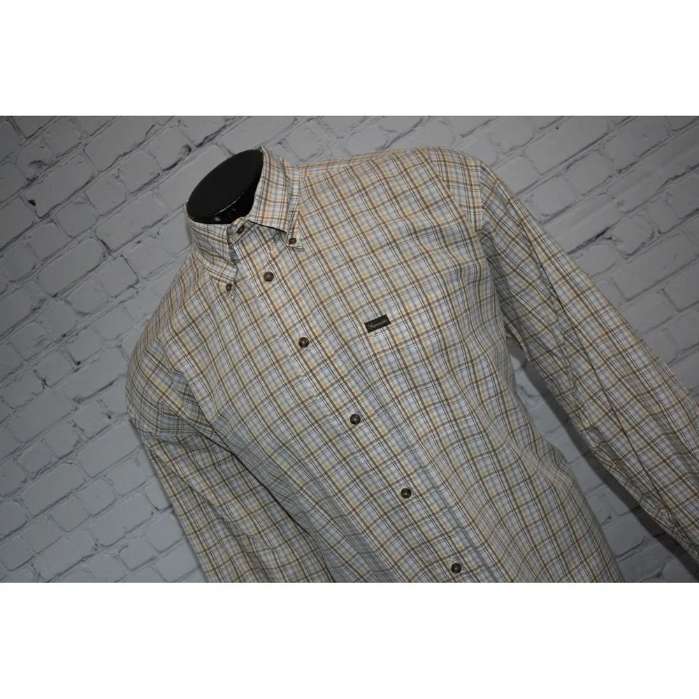 Faconnable Button Down Mens XL Beige Plaid Long Sleeve Cotton USA Made